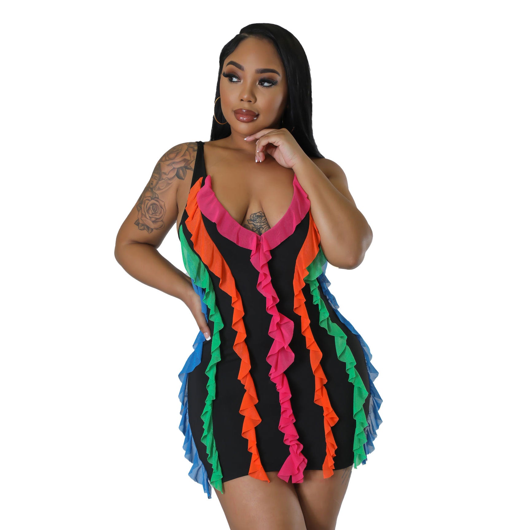 Women Contrasting Ruffles Line Irregular Mini Dress 8