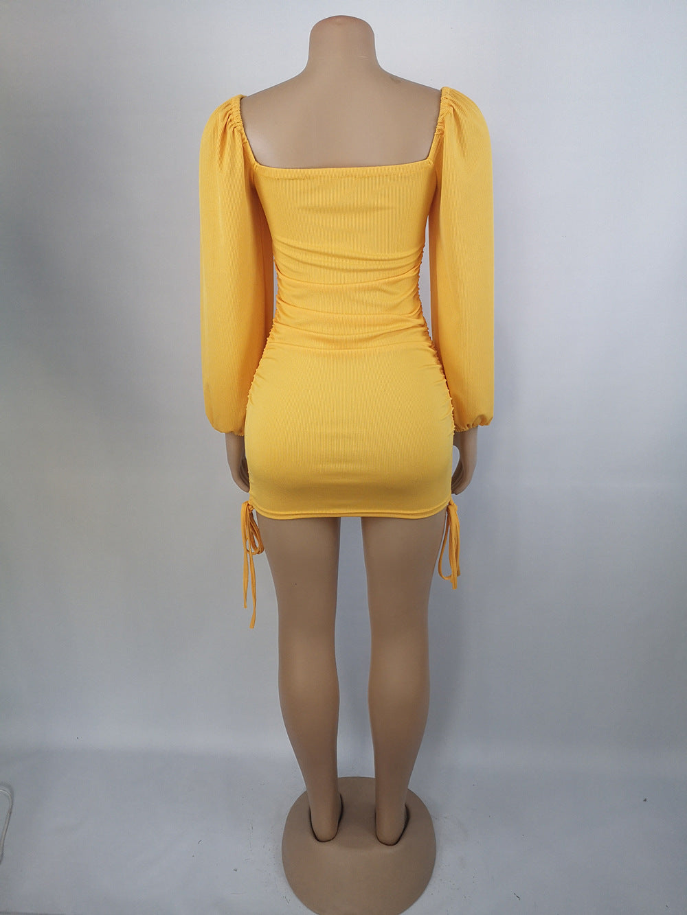 Women Sexy Drawstring Pleated Bodycon Long Sleeve Dress 32