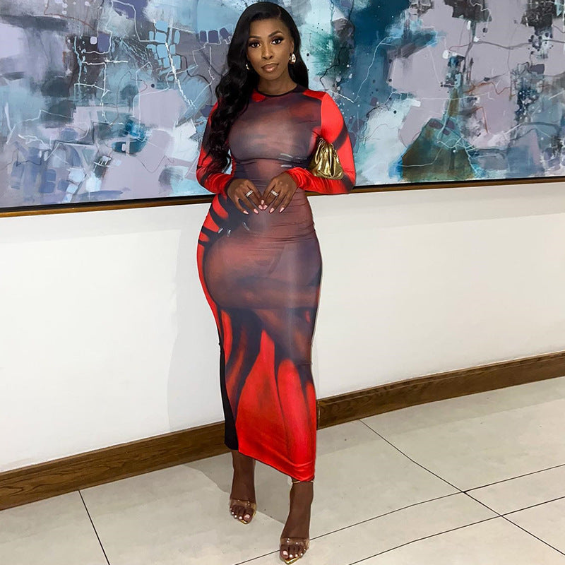 Trendy Women Street Fashion Printed Round Neck Pullover Long Sleeve Bodycon Casual Dress 3