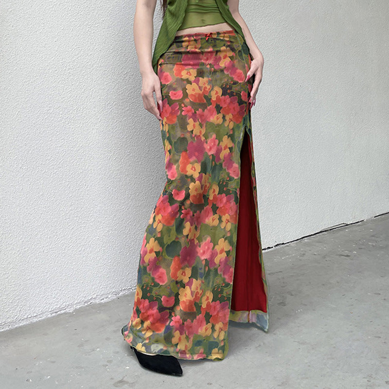 Women Vintage oil painting floral print contrast color split skirt