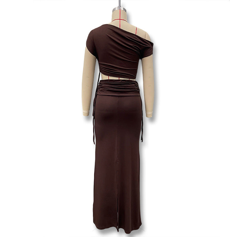 Women's Fashion Slash Shoulder Sexy Crop Top & Slit Skirt Set 9