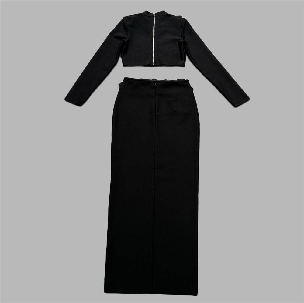 Fashionable Diamond Bandage Skirt Suit Long Sleeve Half High Collar Short Top Long Skirt Women Two-Piece Set 5