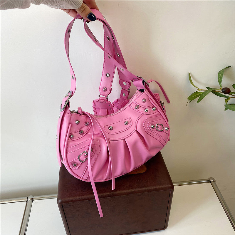 Diagonal pleated single shoulder women's retro rivet bag 17