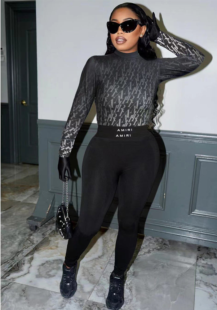 Women High Neck Gradient Print Long Sleeve Top and Pants Two-Piece Set