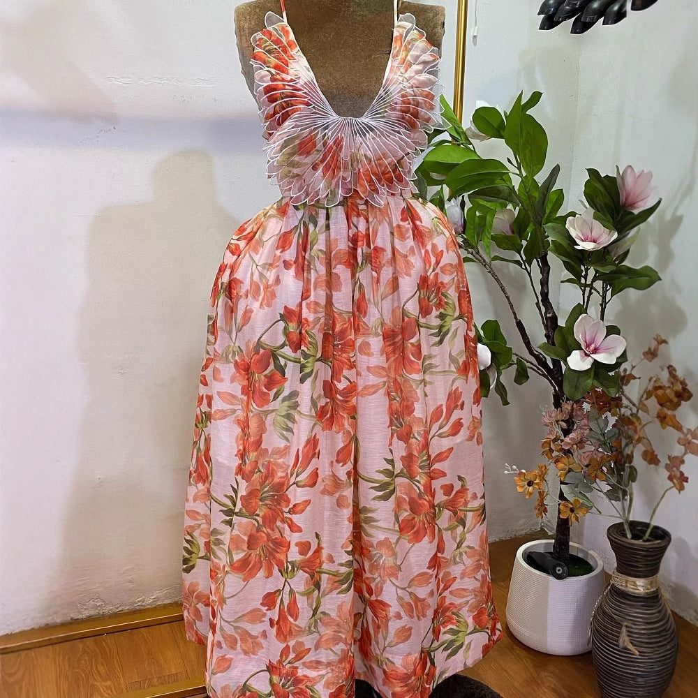 Women Beach Holidays Halter Neck Backless Floral Feather Dress 3