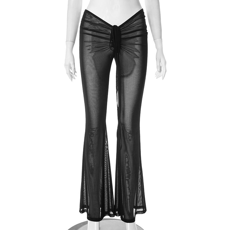 Women's Autumn Solid Color Sexy Mesh Lace-Up Low Waist Slim Fit See-Through Pants 7