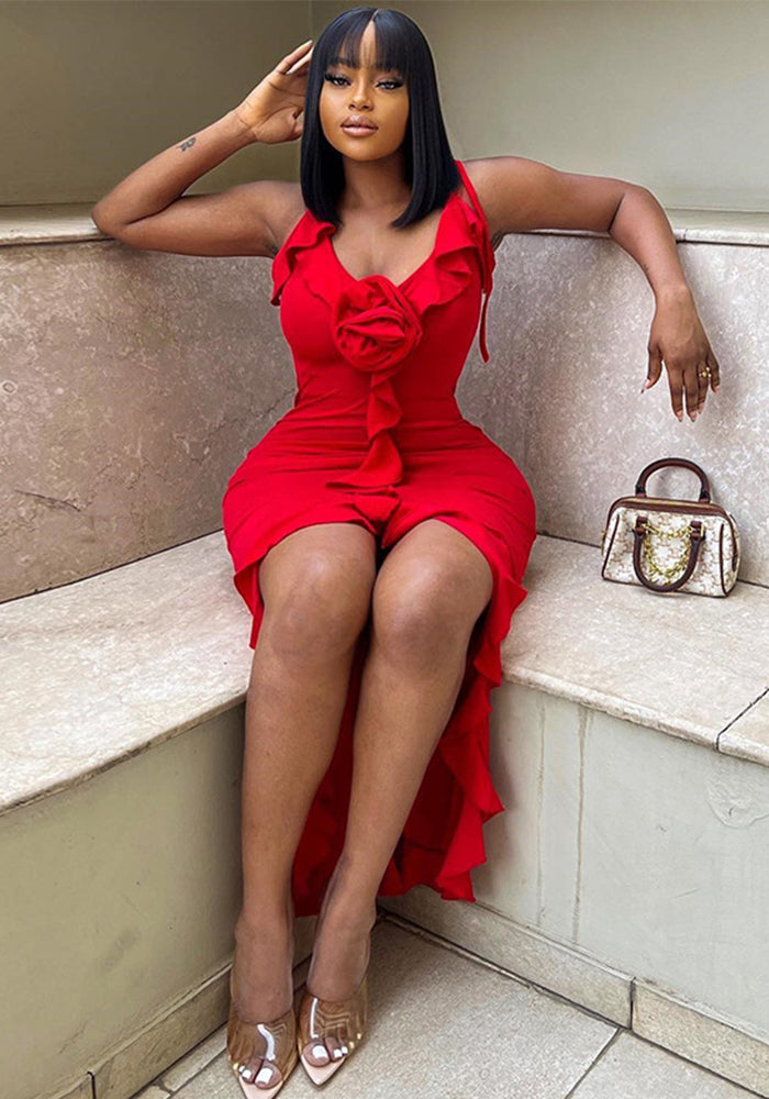 Women's Solid Color Sexy Sleeveless Strap Flower Irregular Trendy Dress