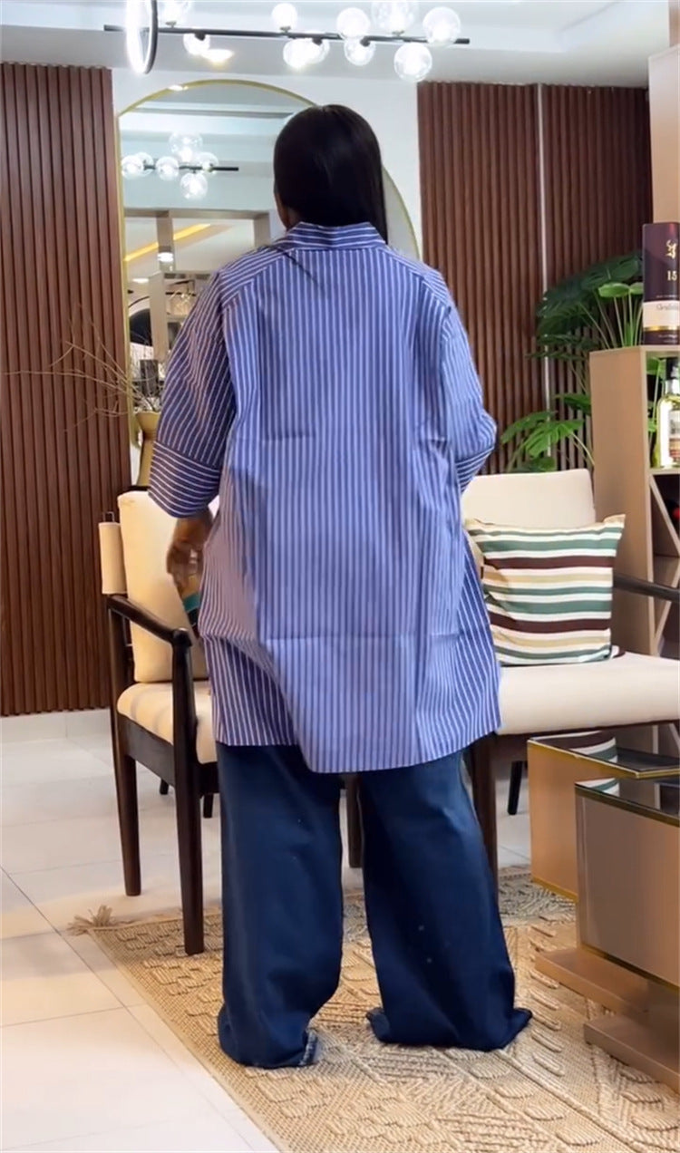 Women summer blue striped long-sleeved shirt Top 6