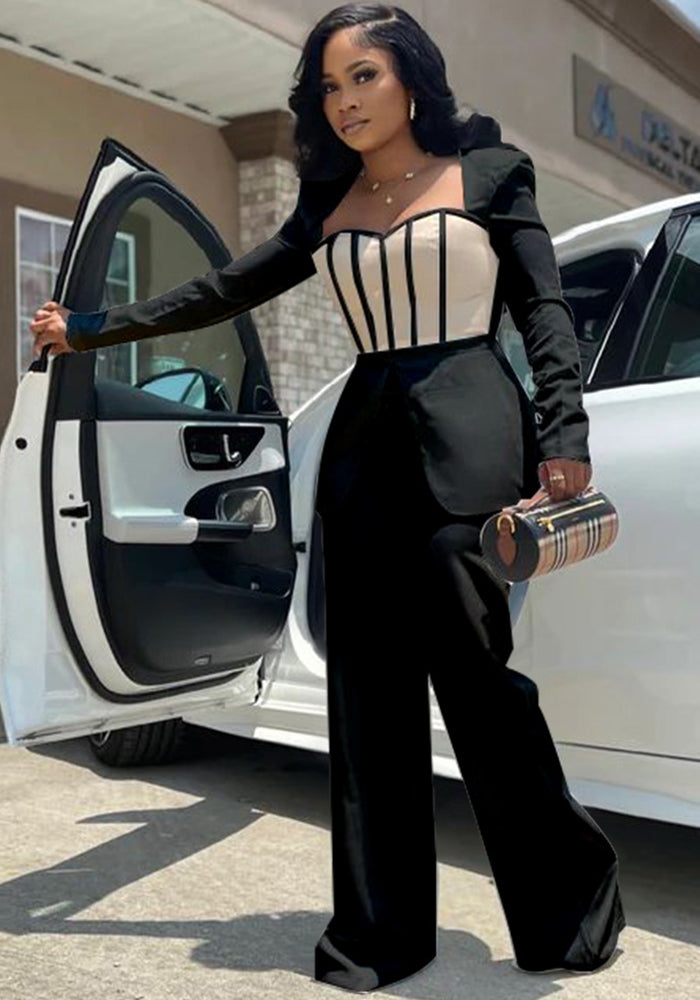 Women's Sexy Slim Waist Contrast Patchwork Long Sleeve Wide Leg Jumpsuit