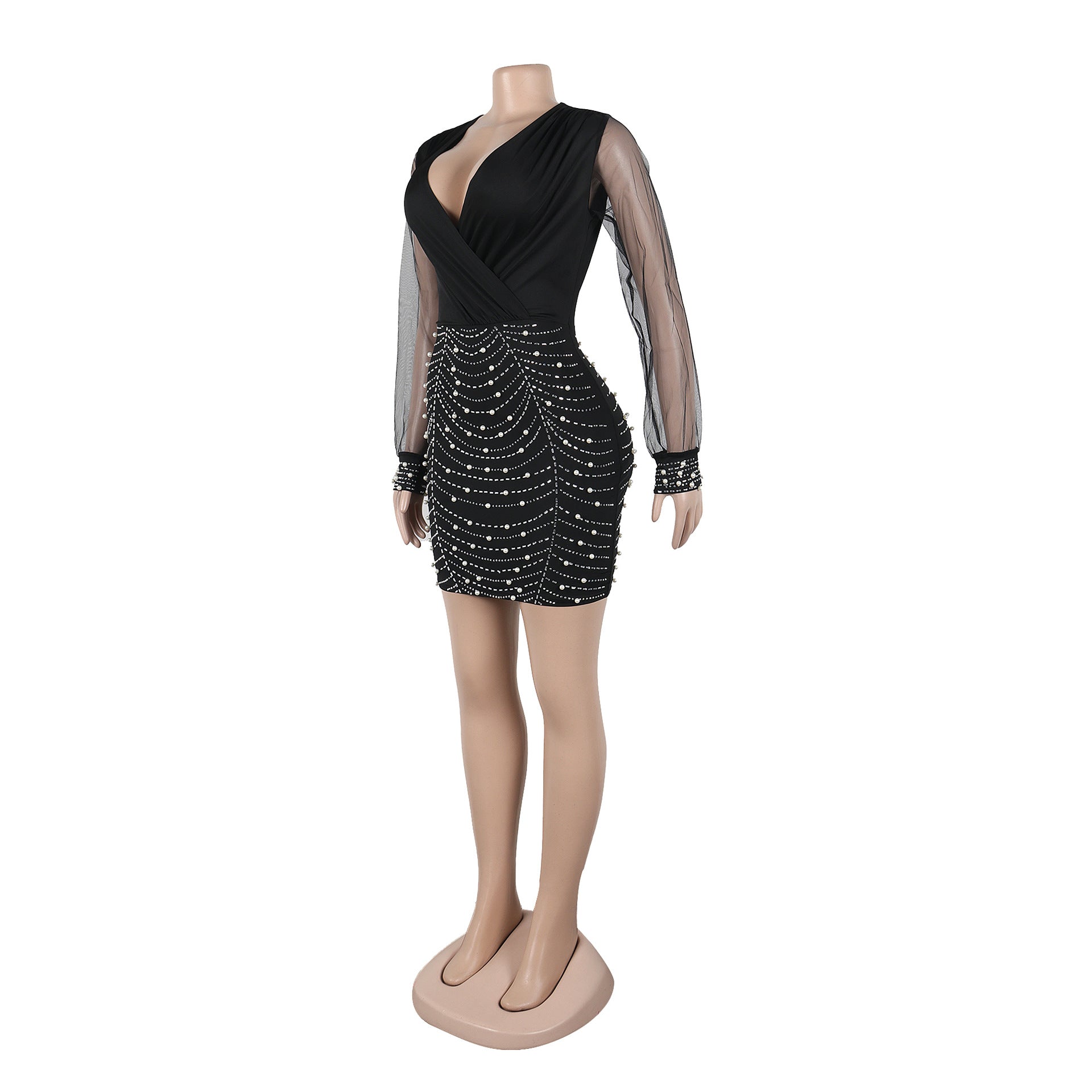 Sexy Beaded V-Neck See-Through Mesh Sleeve Patchwork Bodycon Dress 7