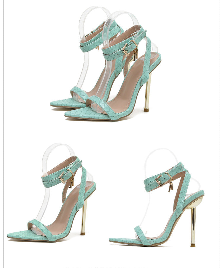 Women Pointed Toe Metal Lock Stiletto Sandals 20