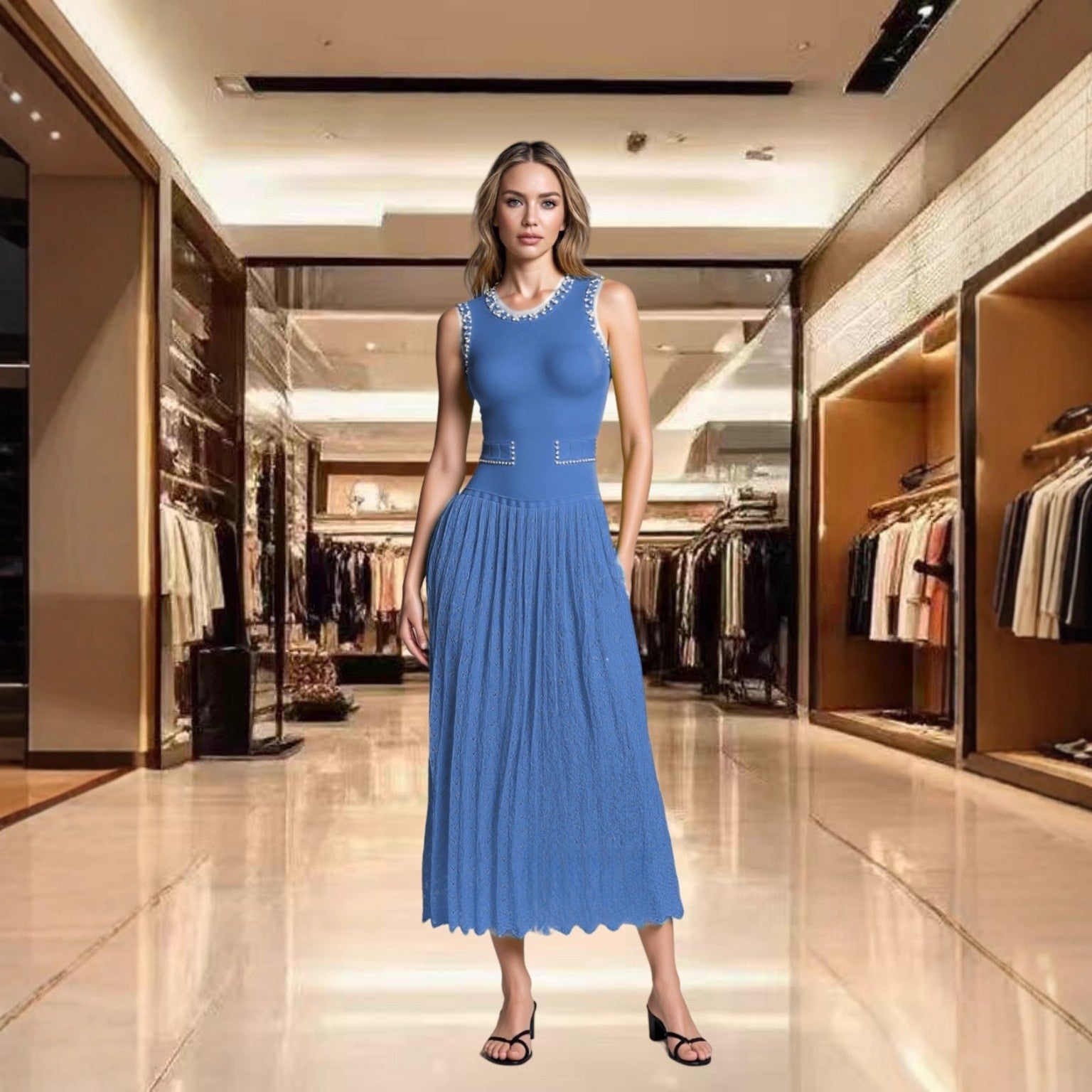 Women's Summer Beaded Sleeveless Knitting Long Dress 6