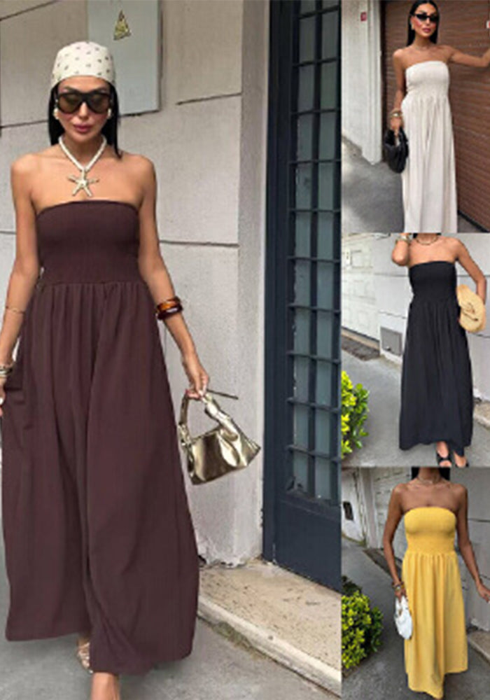 Summer Solid Strapless Slim Waist Maxi Dress
