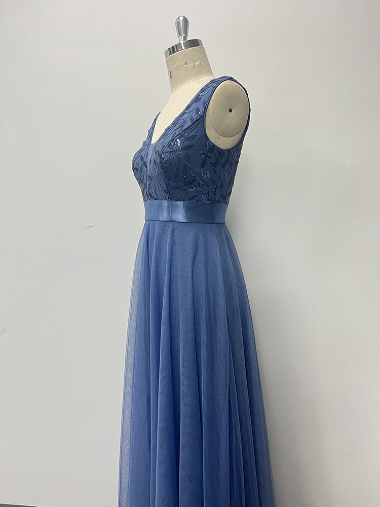 Patchwork Elastic Waist Sleeveless Double V Neck Evening Gown with Embroidered Tulle Elegant Long Swing Party Dress 17