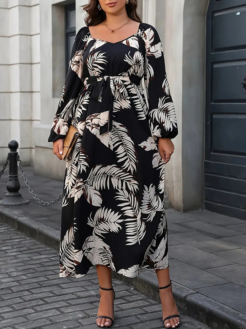 Leaf Print Lantern Sleeve Belt Waist Plus Size Women's Dress 5