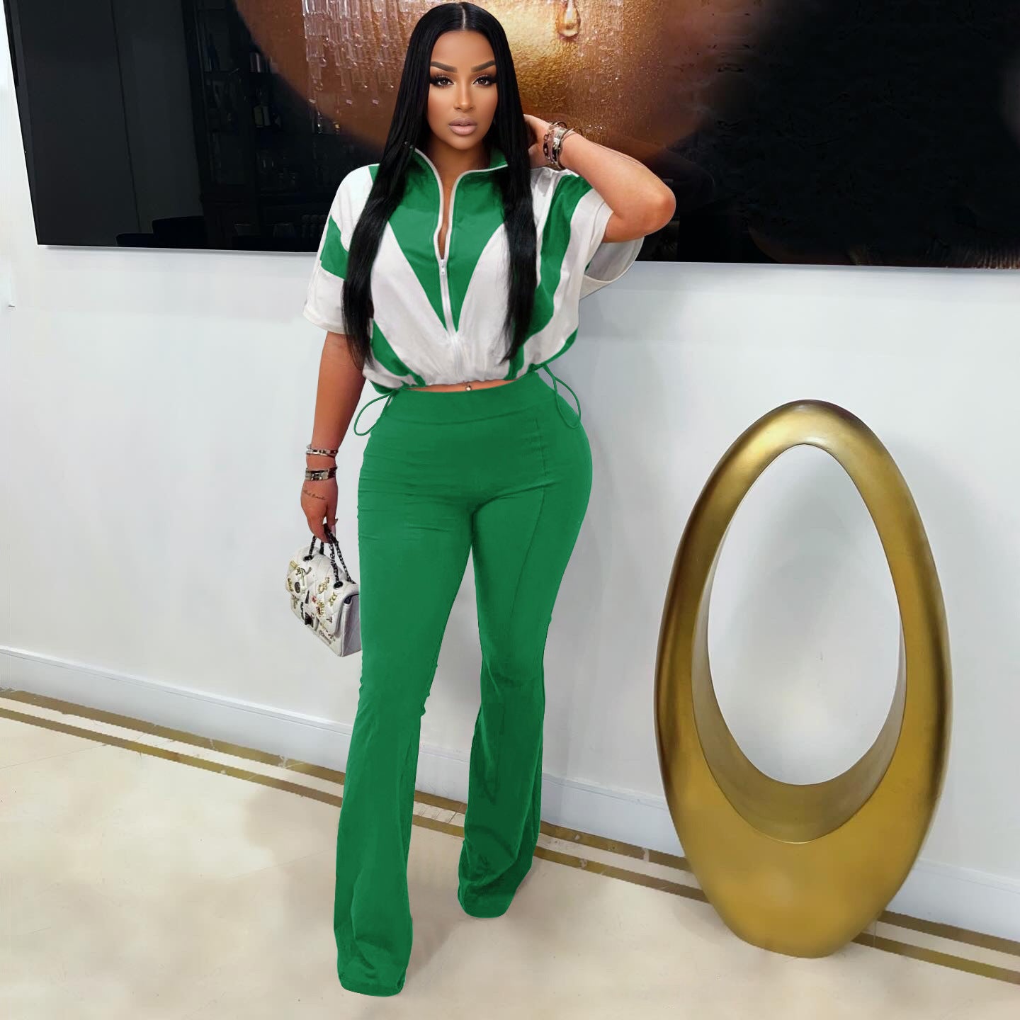 Casual Elastic Slim Waist Color Block Patchwork Sports Two Piece Pants Set for Women 4