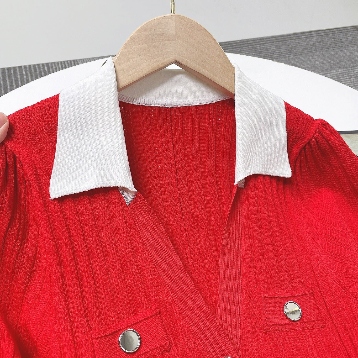 Women French Elegance Turndown Collar Contrast Hollow Short Sleeve Knitting Dress 10