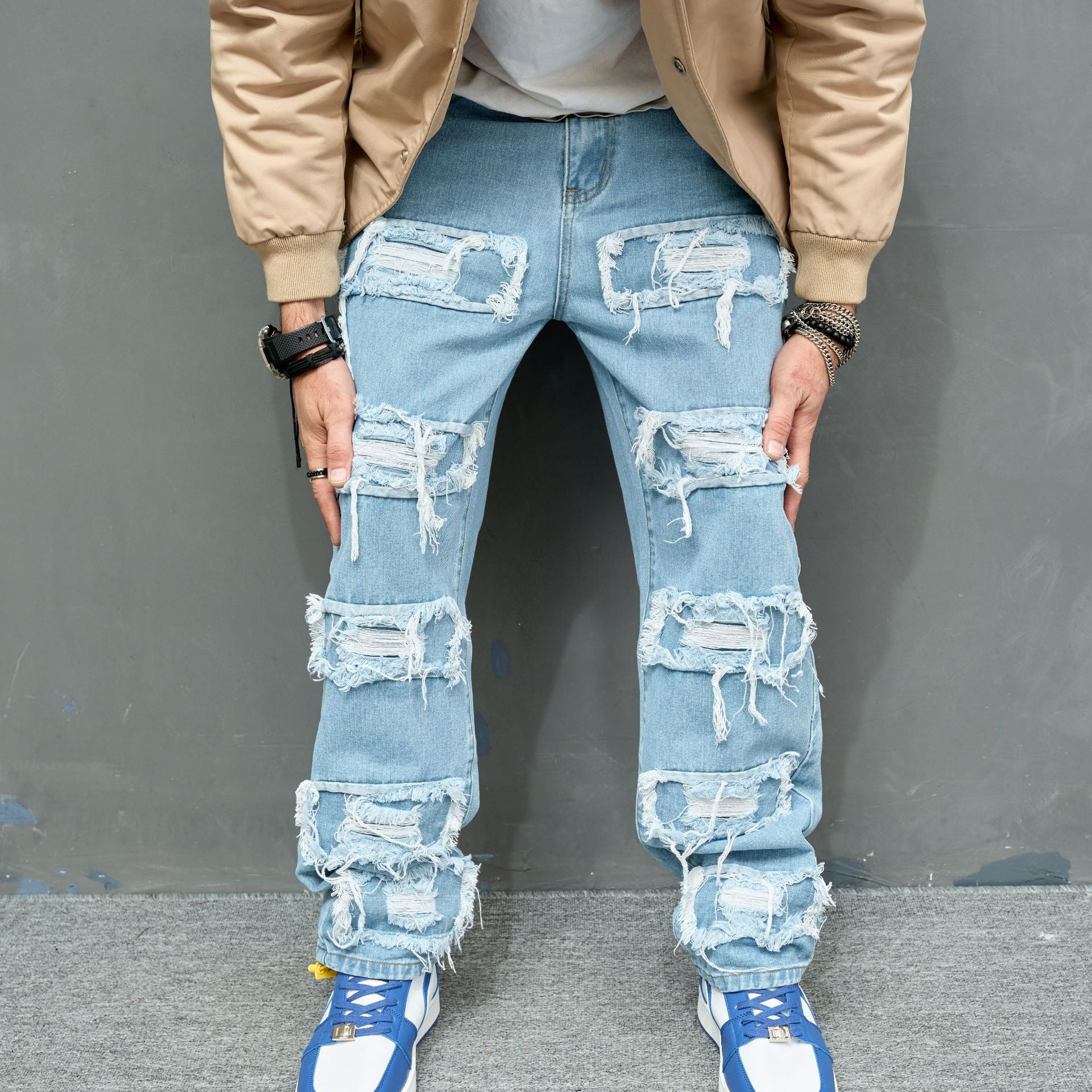 Men's Denim Pants Solid Color Stretch Ripped Beggar Pants 6
