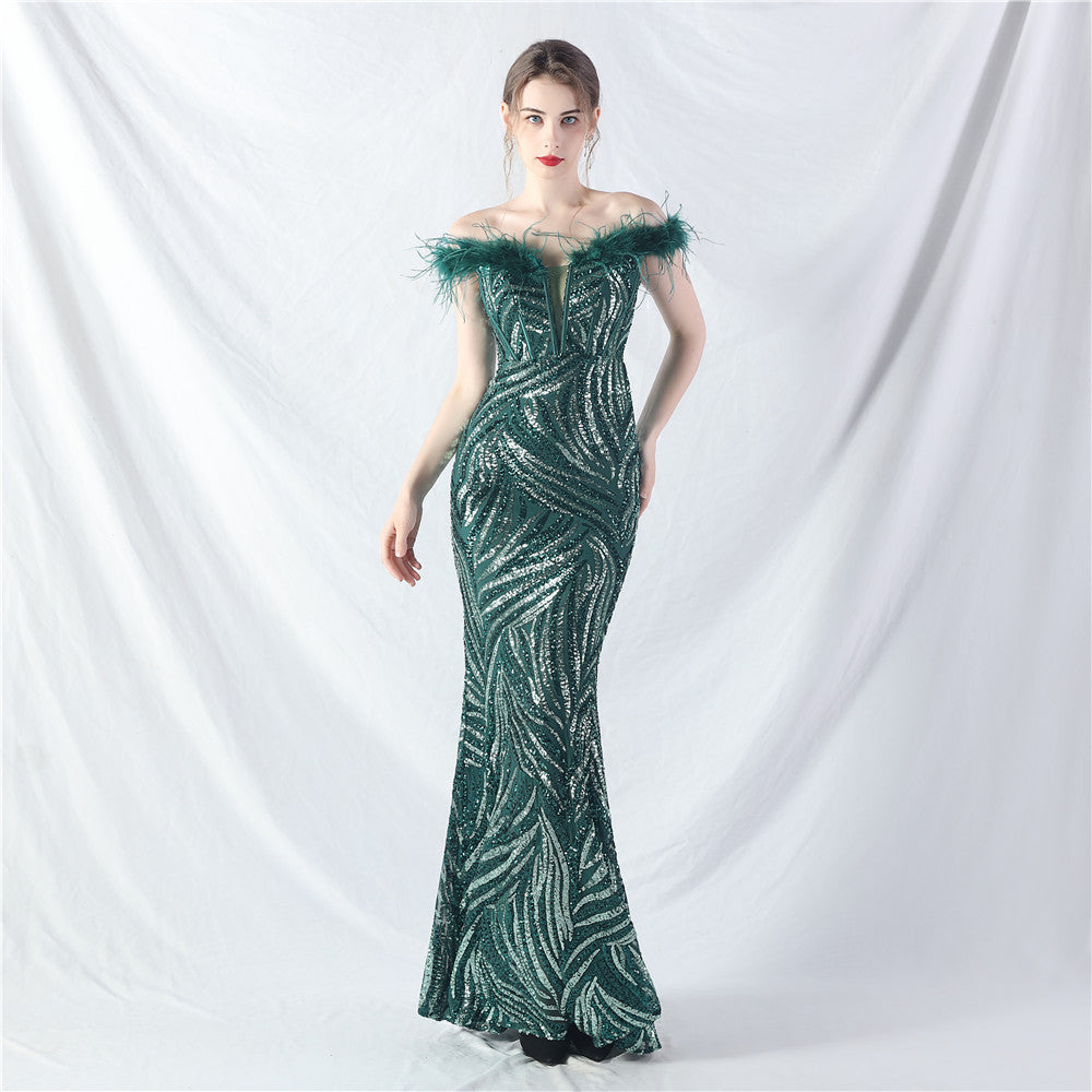 Fishbone Slim Waist Off Shoulder Feather Sequined Evening Dress 9