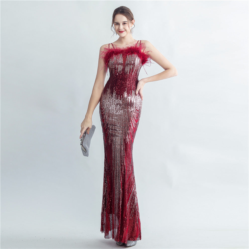 Elegant Formal Party sequins feather straps evening dress 9