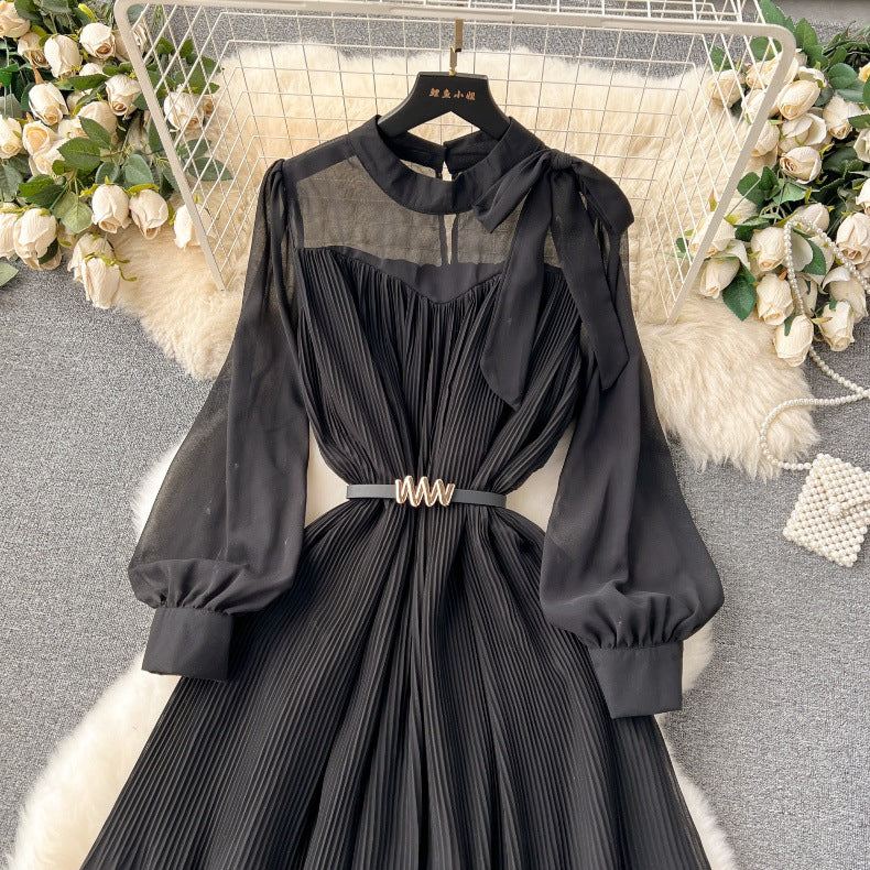 Spring Women's Bow Pleated Chiffon Puff Sleeve Long Dress 33