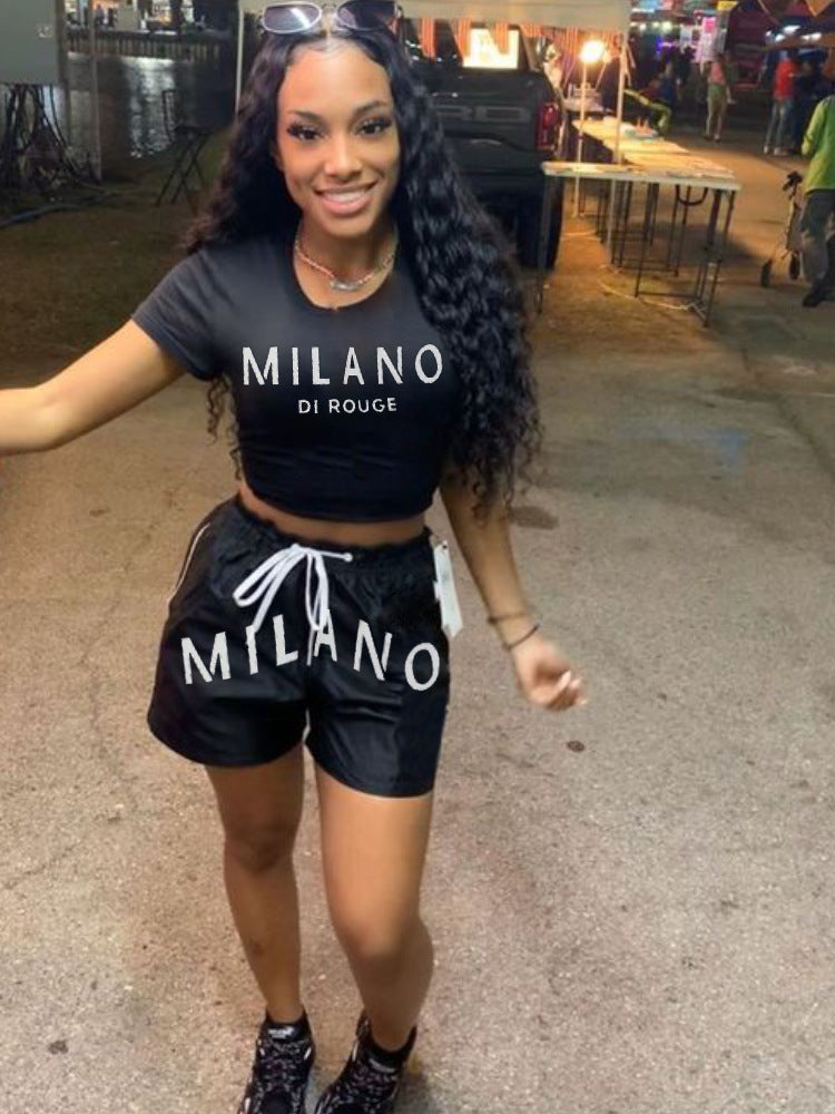 Summer Fashion Letter Print Short Sleeve Round Neck T-Shirt Elastic Waist Shorts Set