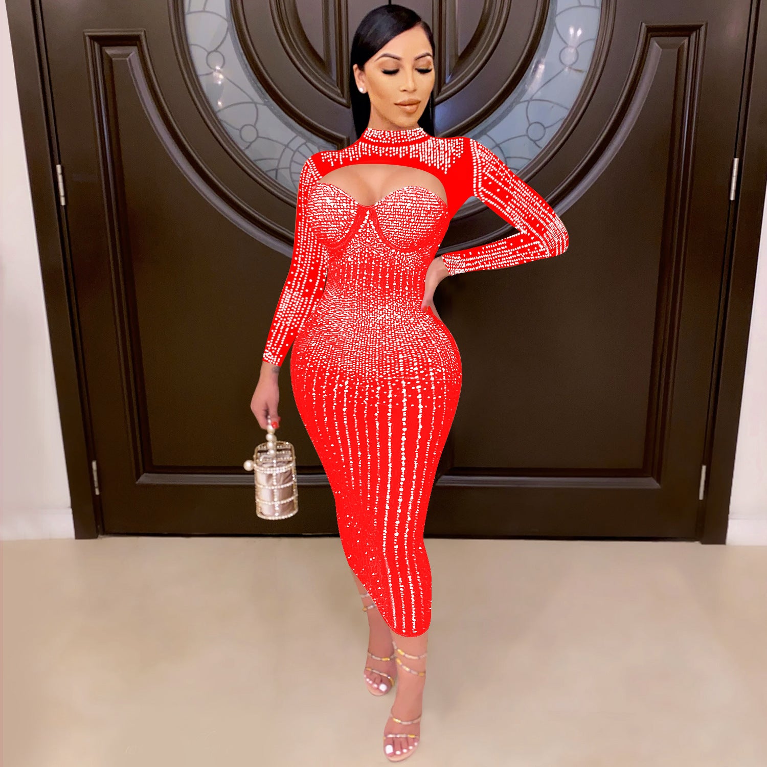 Women Mesh See-Through Beaded Strap Dress 10