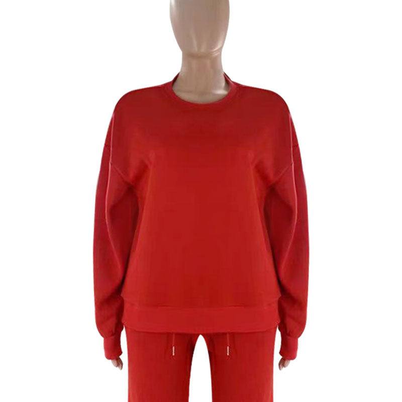 Women Solid long-sleeved Round Neck Top and wide-leg pants Two Piece Set 19