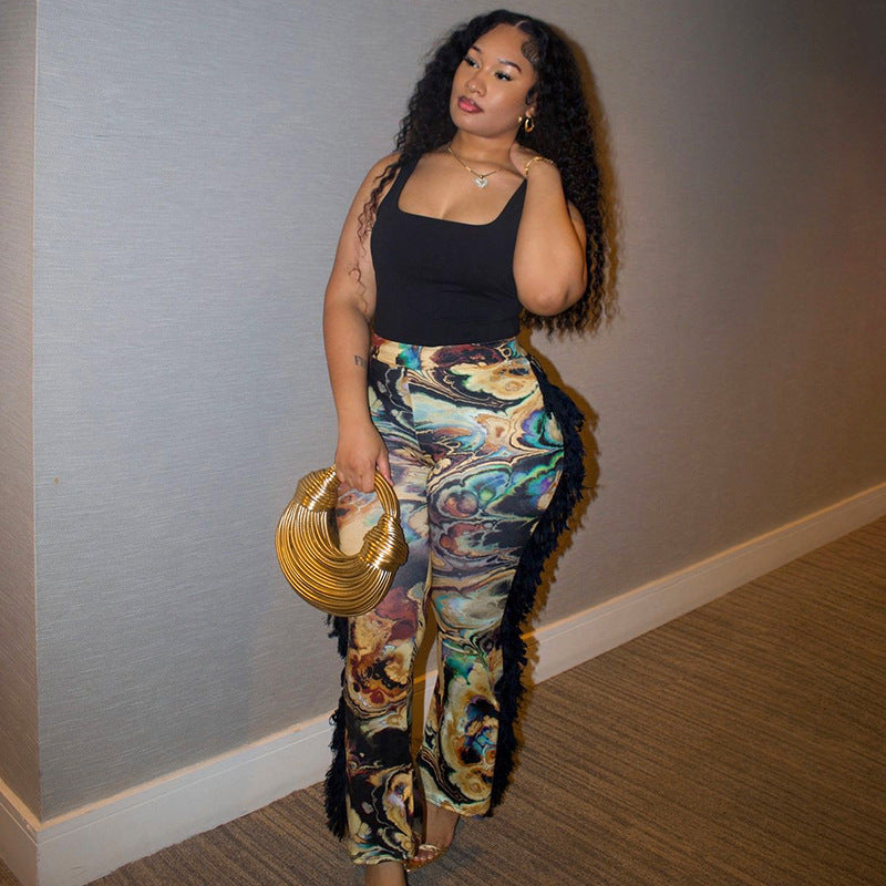 Women Autumn/Winter Multi-Color Printed Fringed Patchwork Pants 10