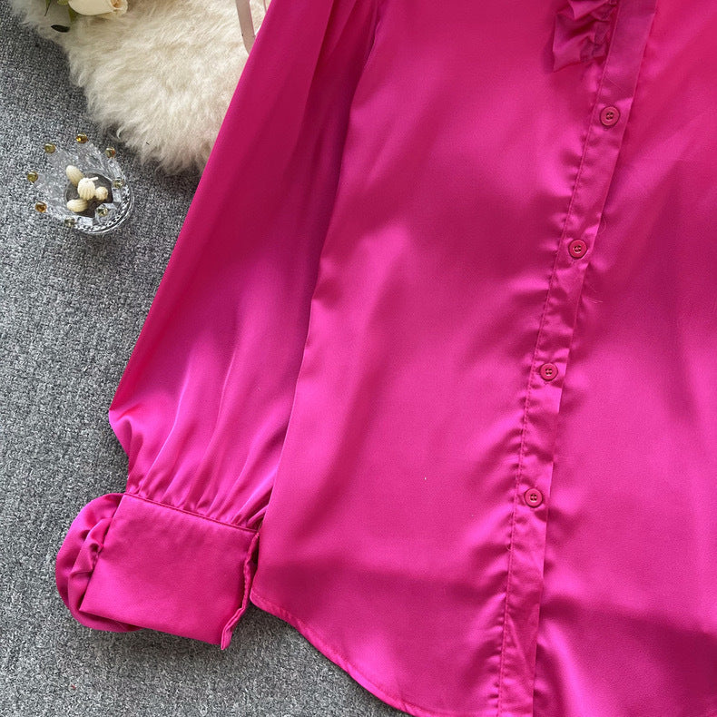 Women French Long Sleeve Chic Satin Shirt 18