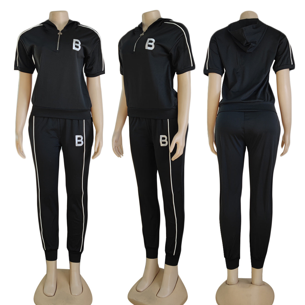 Women Casual Hooded Embroidery Short Sleeve Top and Pant Two-Piece Set 8