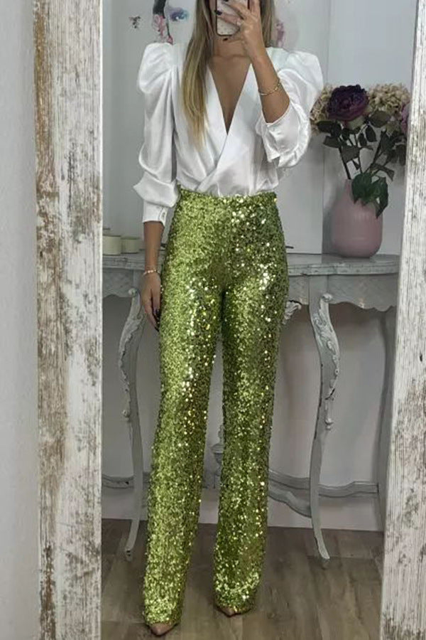 Spring Summer Party Sequined Casual Slim Fit Stretch Bell Bottom Pants 3