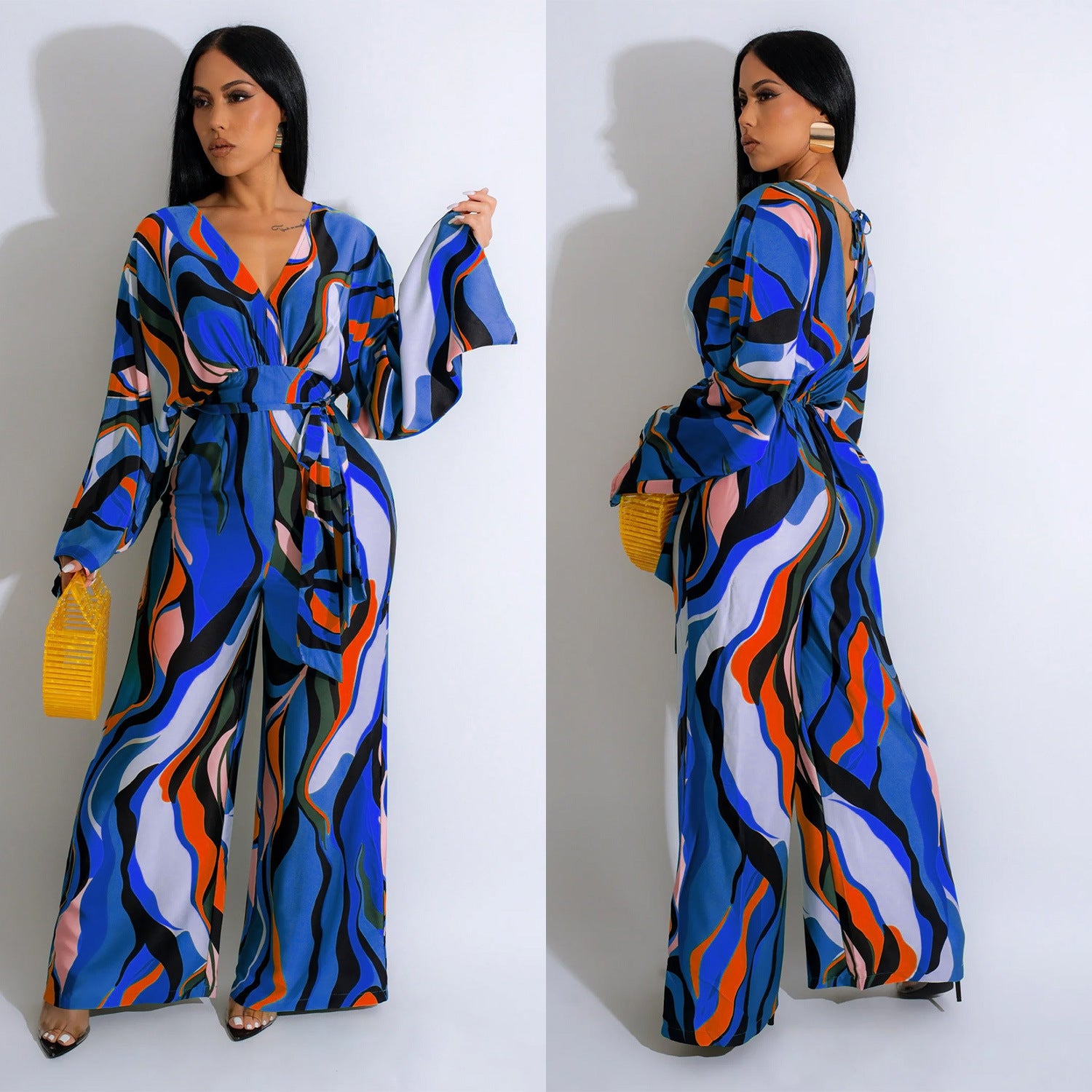 Women Casual Printed Lace-Up Long Sleeve Wide Leg Jumpsuit 4