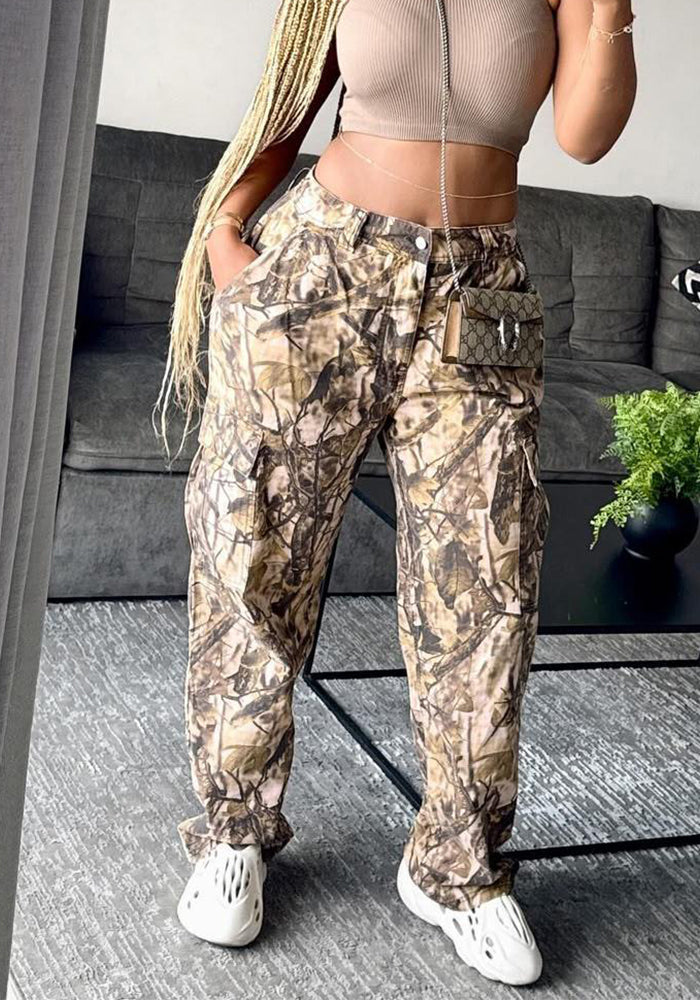 Women autumn branch print loose straight Casual Cargo Pants