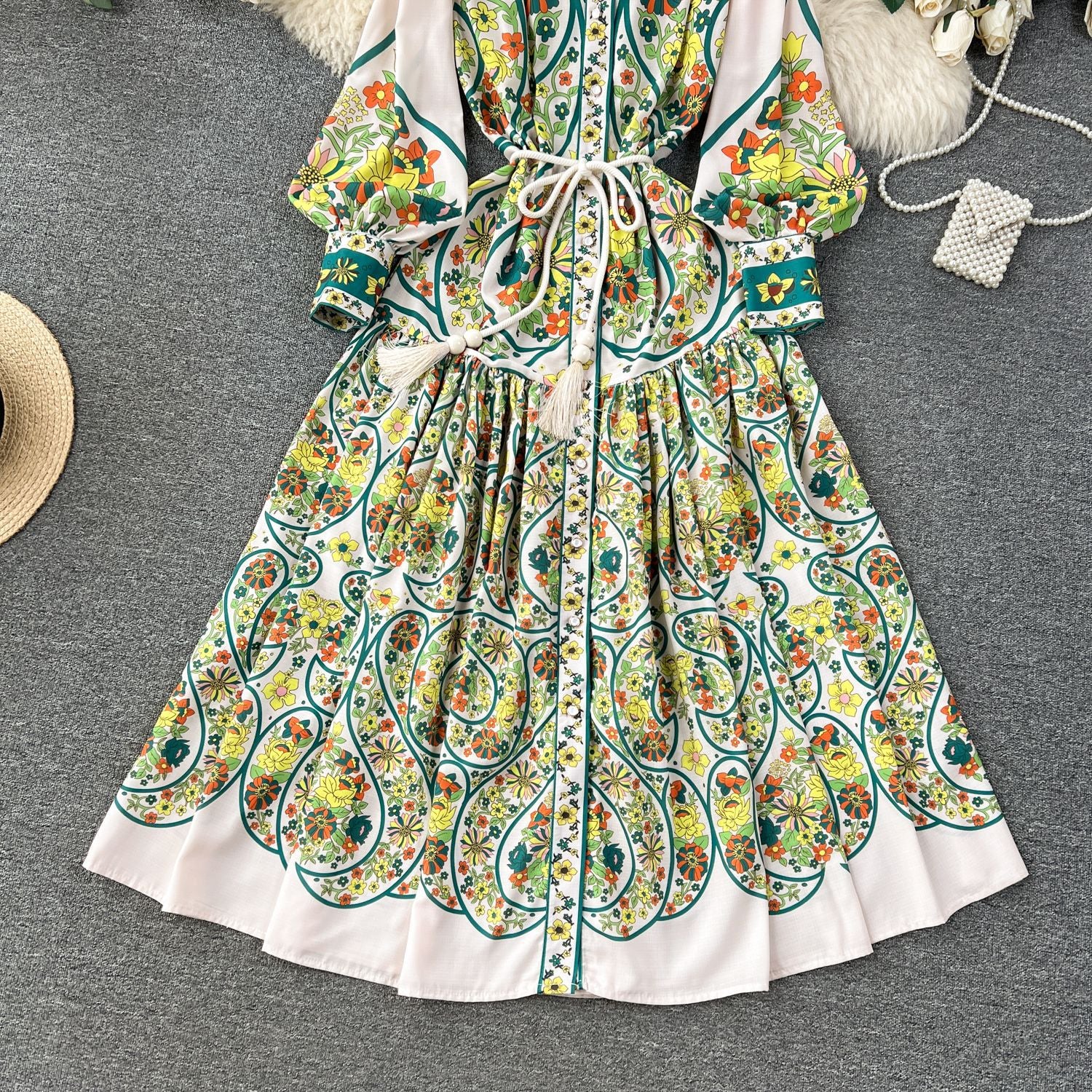 Women French retro print color matching shirt dress 13