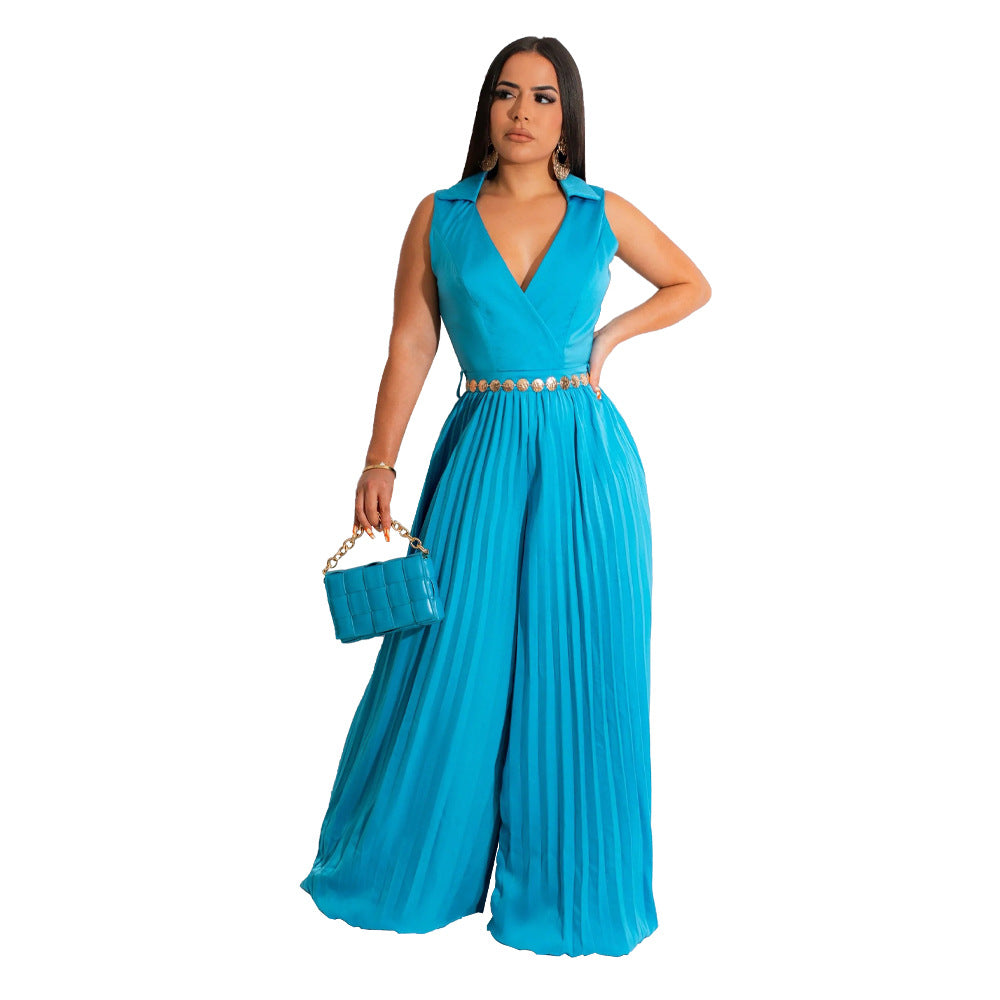 Sleeveless Chic Casual V Neck Slim Waist Pleated Wide Leg Jumpsuit 6