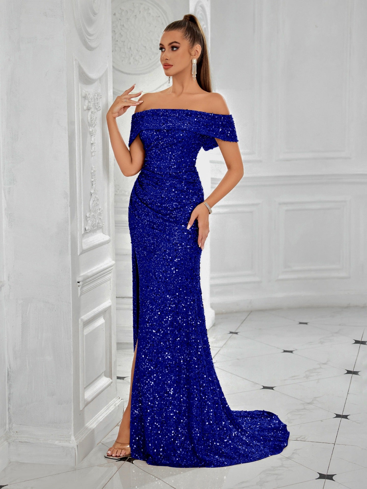 Women formal party off-shoulder sequined Slited Maxi Dress 8