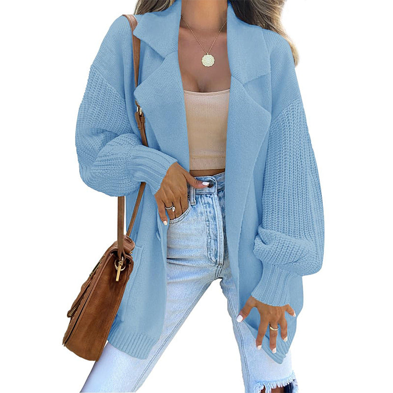 Women Solid Turndown Collar Long Sleeve Knitting Cardigan Sweater 6
