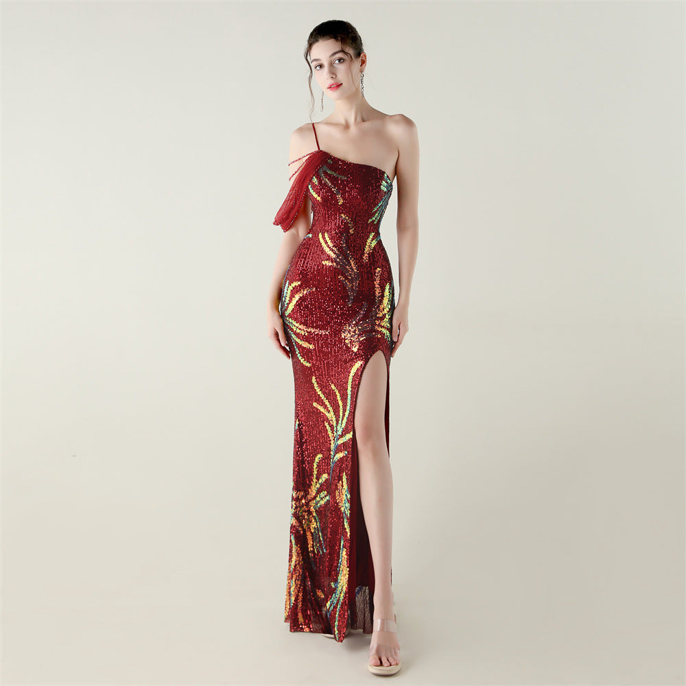 Sequin Mesh Off-Shoulder High Slit Fishtail Party Dress 18