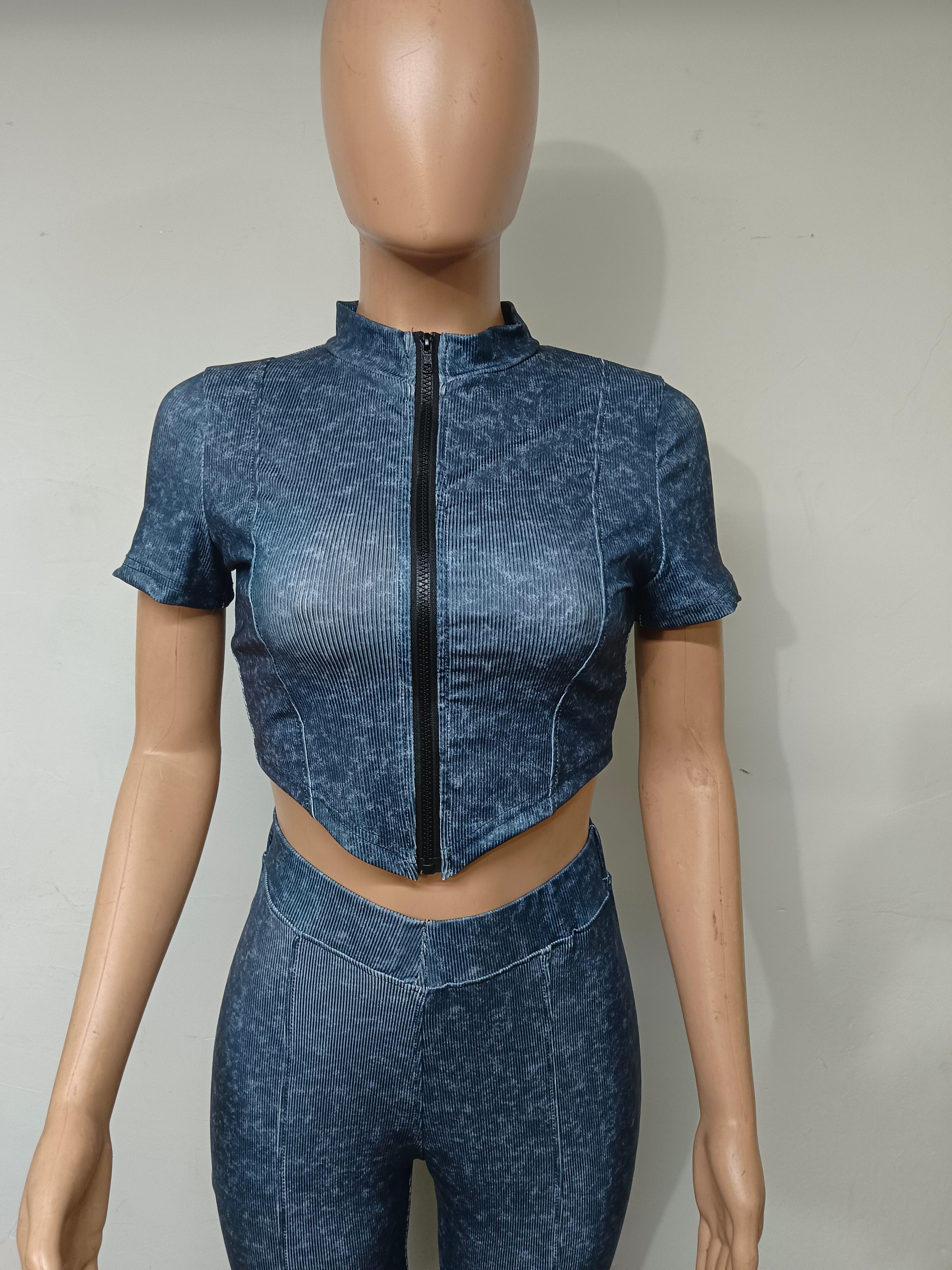 Women Printed Short Sleeve Zipper Top And Bell Bottom Pant Two-piece Set 14