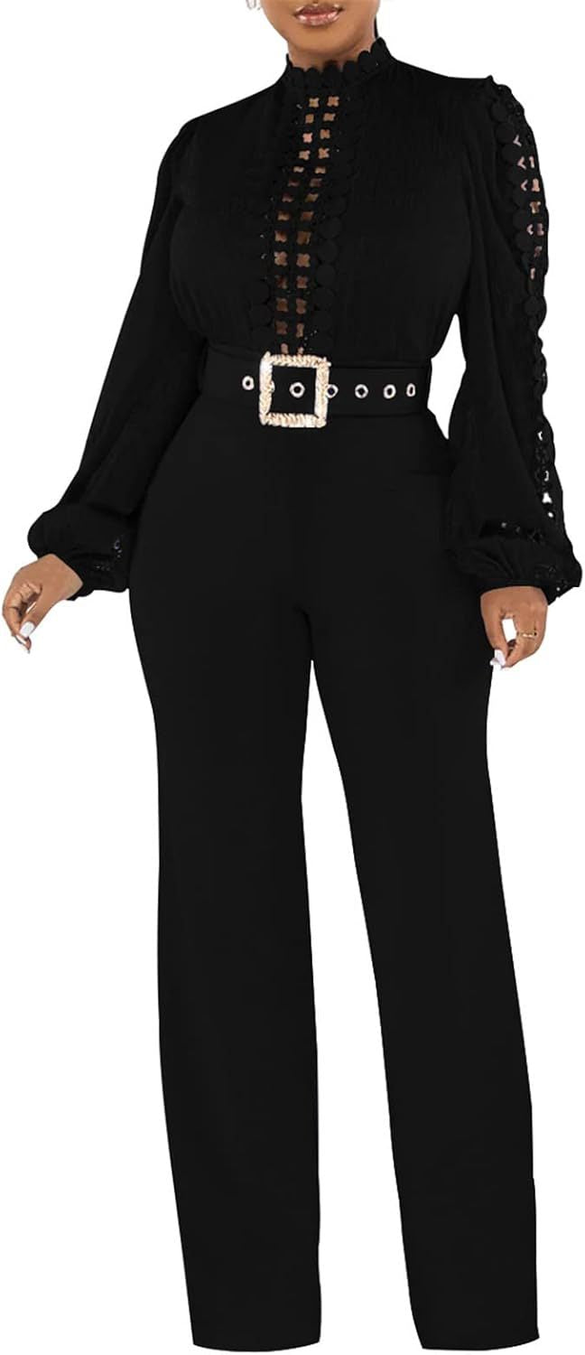 Women Elegant Lace Patchwork Lace-Up Wide-Leg Jumpsuit 17