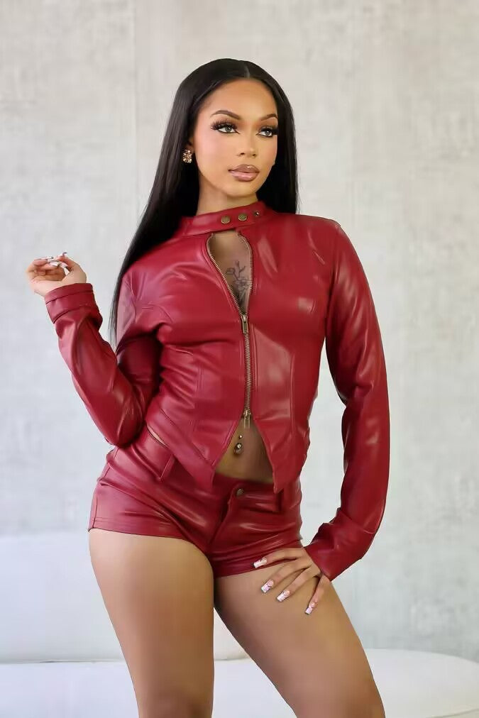 Women's Long Sleeve Elastic PU Shorts Set 6