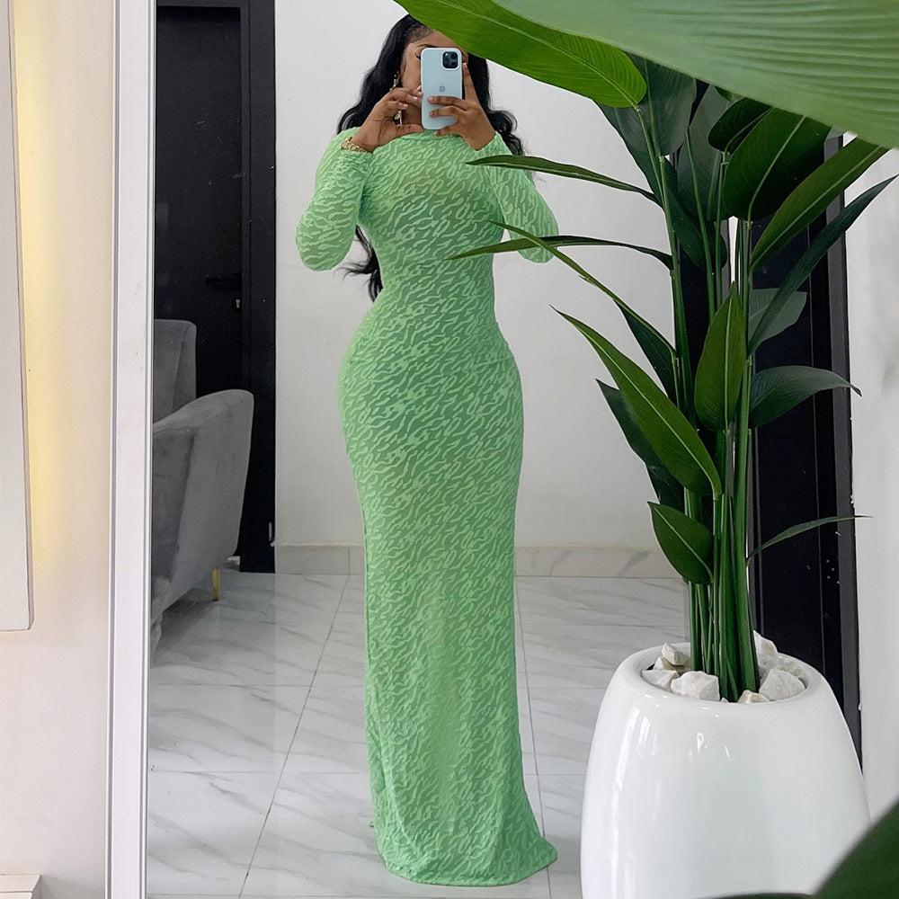 Autumn Round Neck Long Sleeve Flocking Slim Women Dress 3