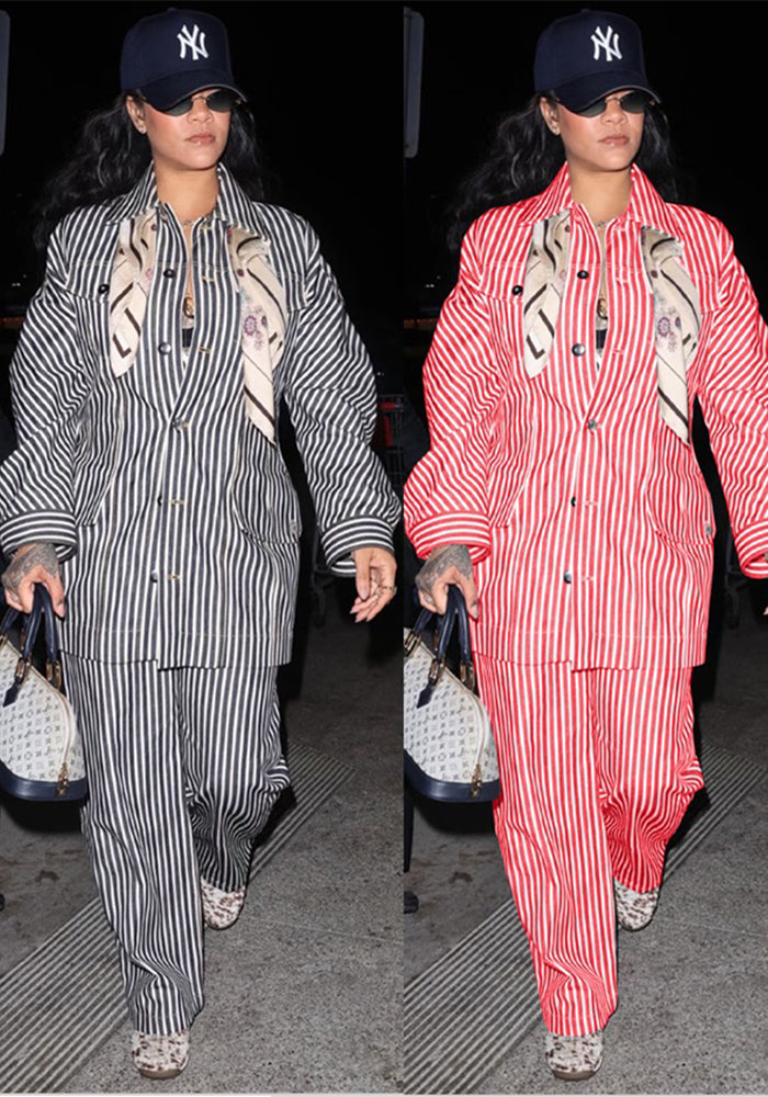 Button Stripe Long Sleeve Shirt & Wide Leg Pants Two-Piece Set