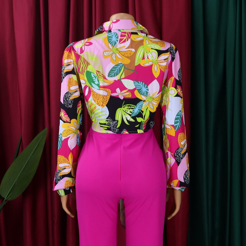 Fashionable Women's Printed Turndown Collar Lace-Up Long Sleeve Shirt 12