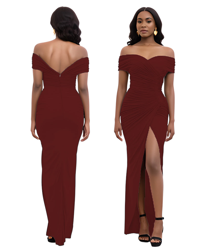 Solid Color Off Shoulder Slit Long Dress 3