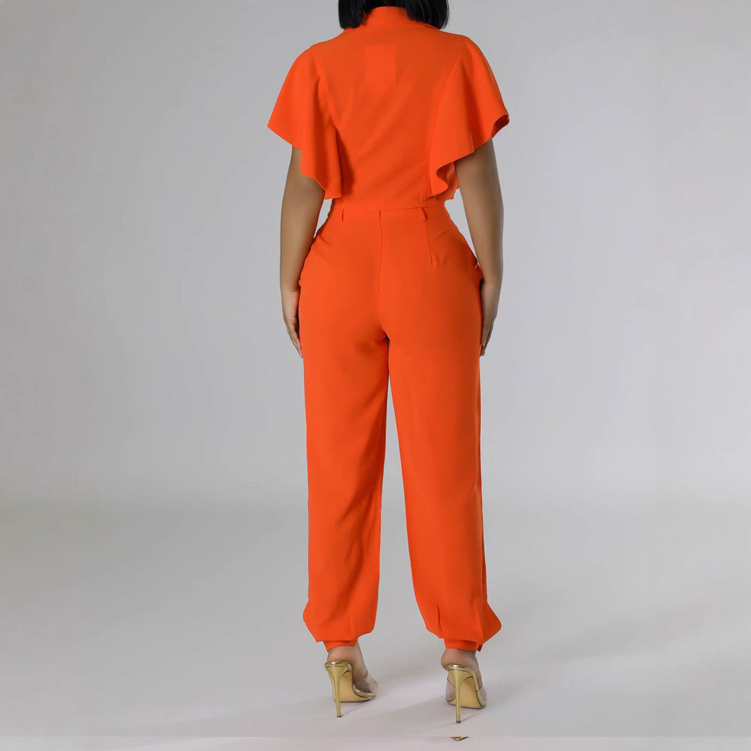 Ruffle Sleeve Tie Knot Shirt High Waist Pants Casual Two Piece Set 4