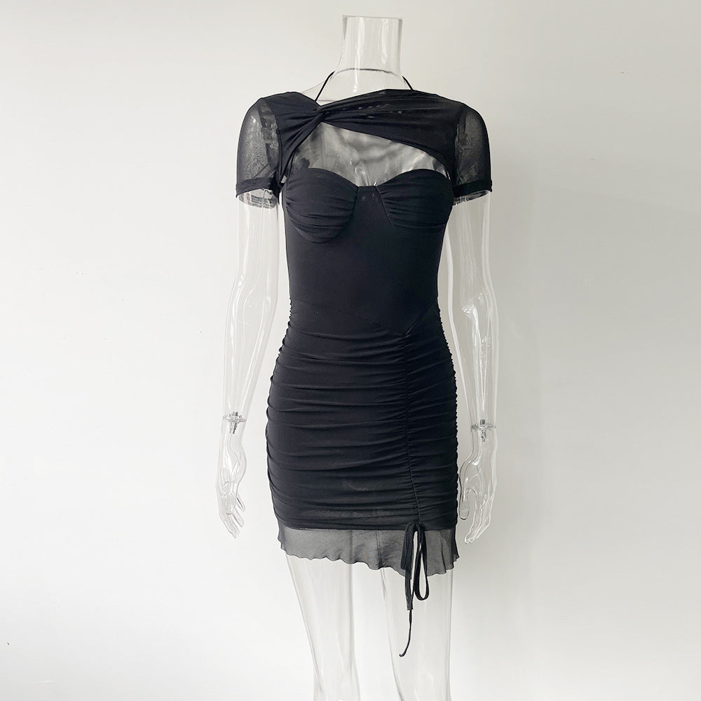 Women's Mesh Cutout Short Sleeve Pleated Slim Bodycon Tight Fitting Dress Summer 3