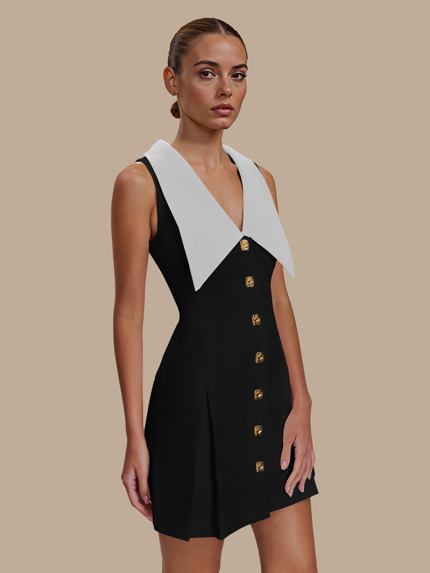 Turndown Collar Metal Button Sleeveless Chic Slim Waist Mini Dress 3