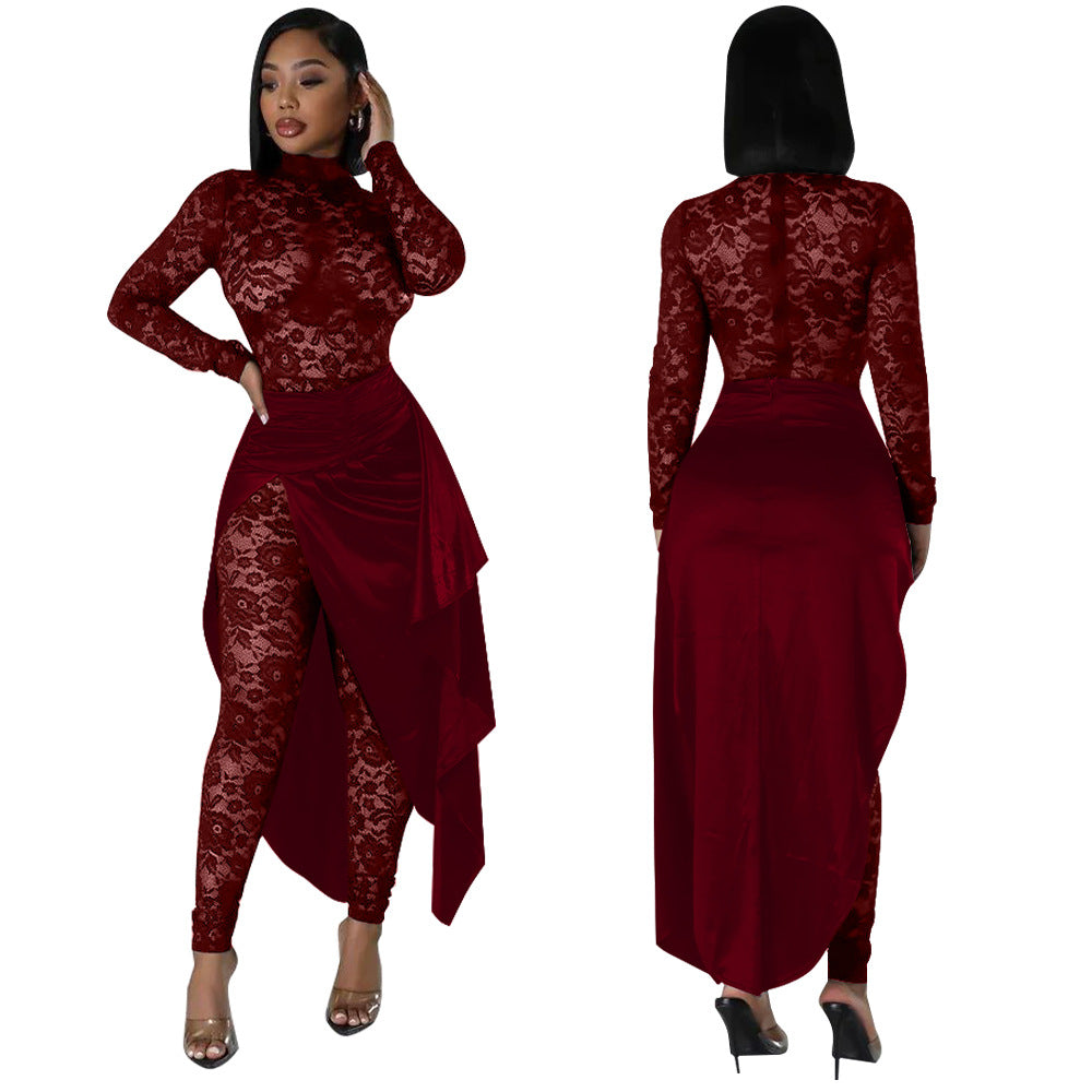 Women Sexy Lace Jumpsuit And Skirt Two-piece Set 4